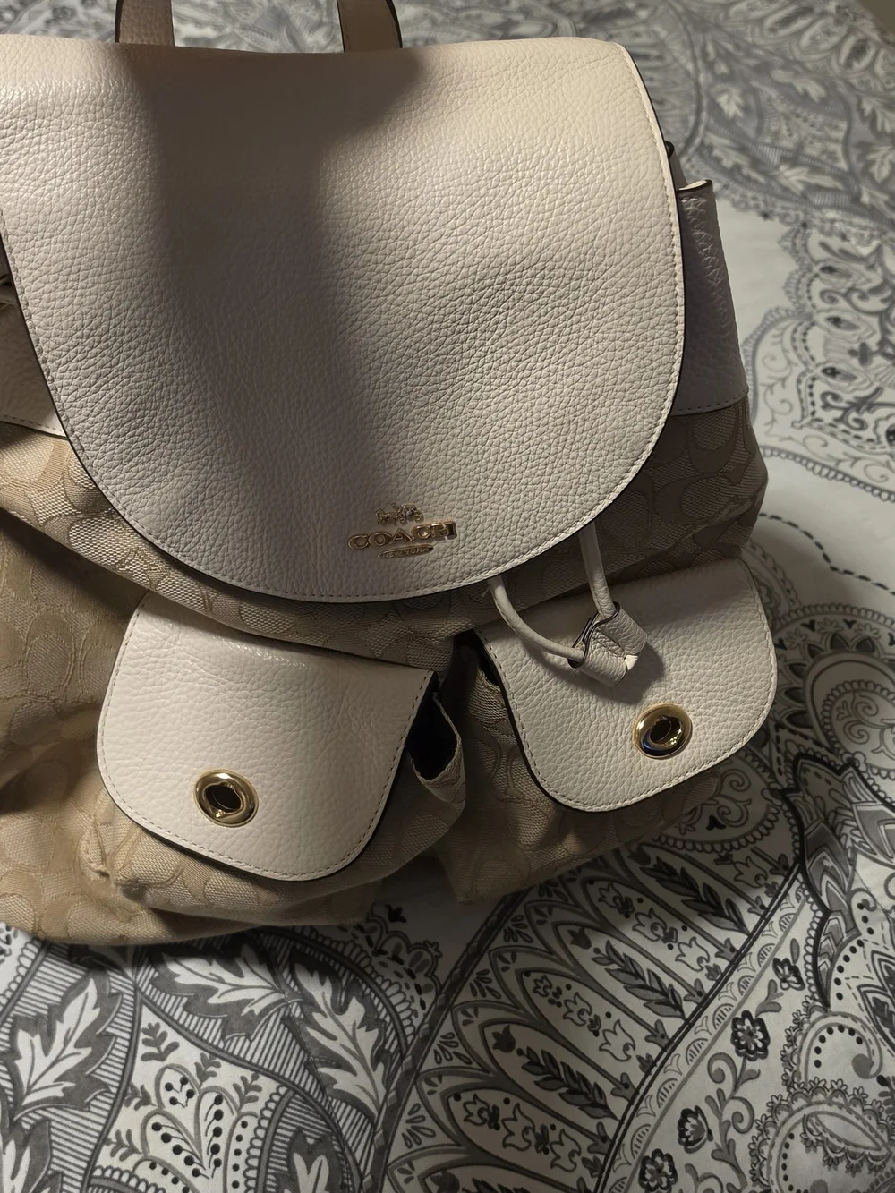Coach Beige Signature Canvas Backpack with Cream Leather Trim and Gold Hardware